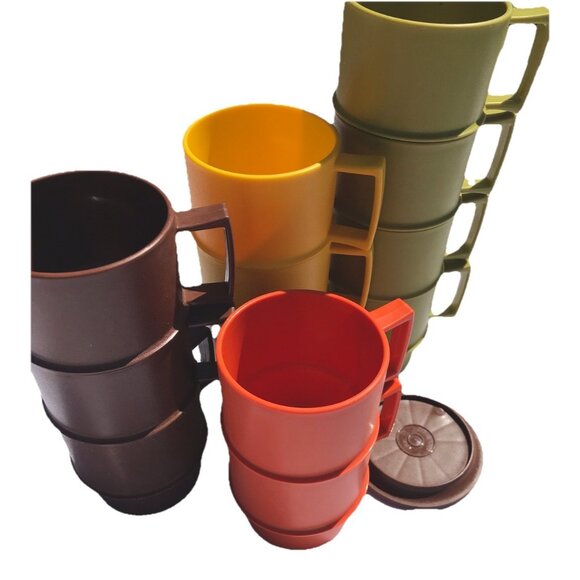 Tupperware Other - VTG Tupperware 1312 Stacking Coffee Cups Harvest MCM Orange Green Gold Brown Set